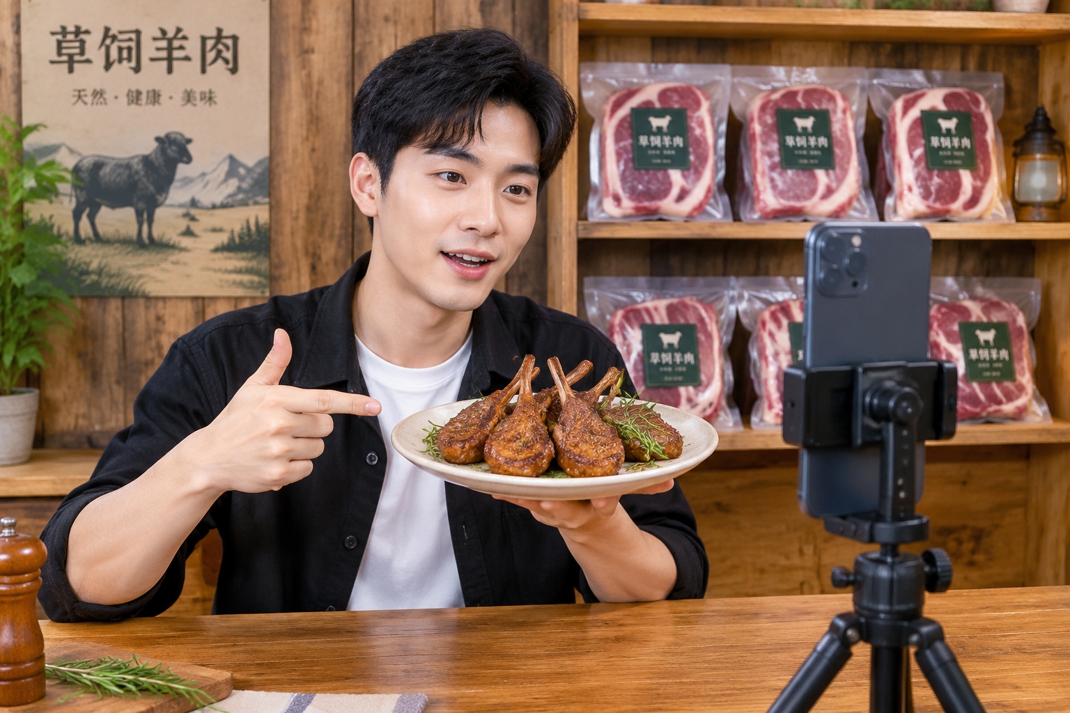 Young herder live-streaming from his home to promote Ningxia Tan Sheep meat.