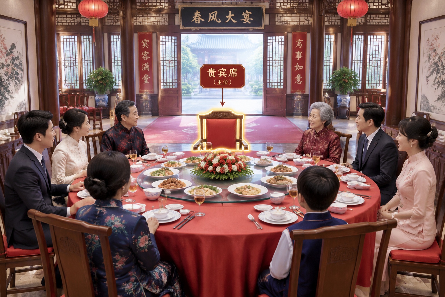 An overview of a traditional Chinese banquet seating arrangement showing the main host and guest of honor positions around a round table.