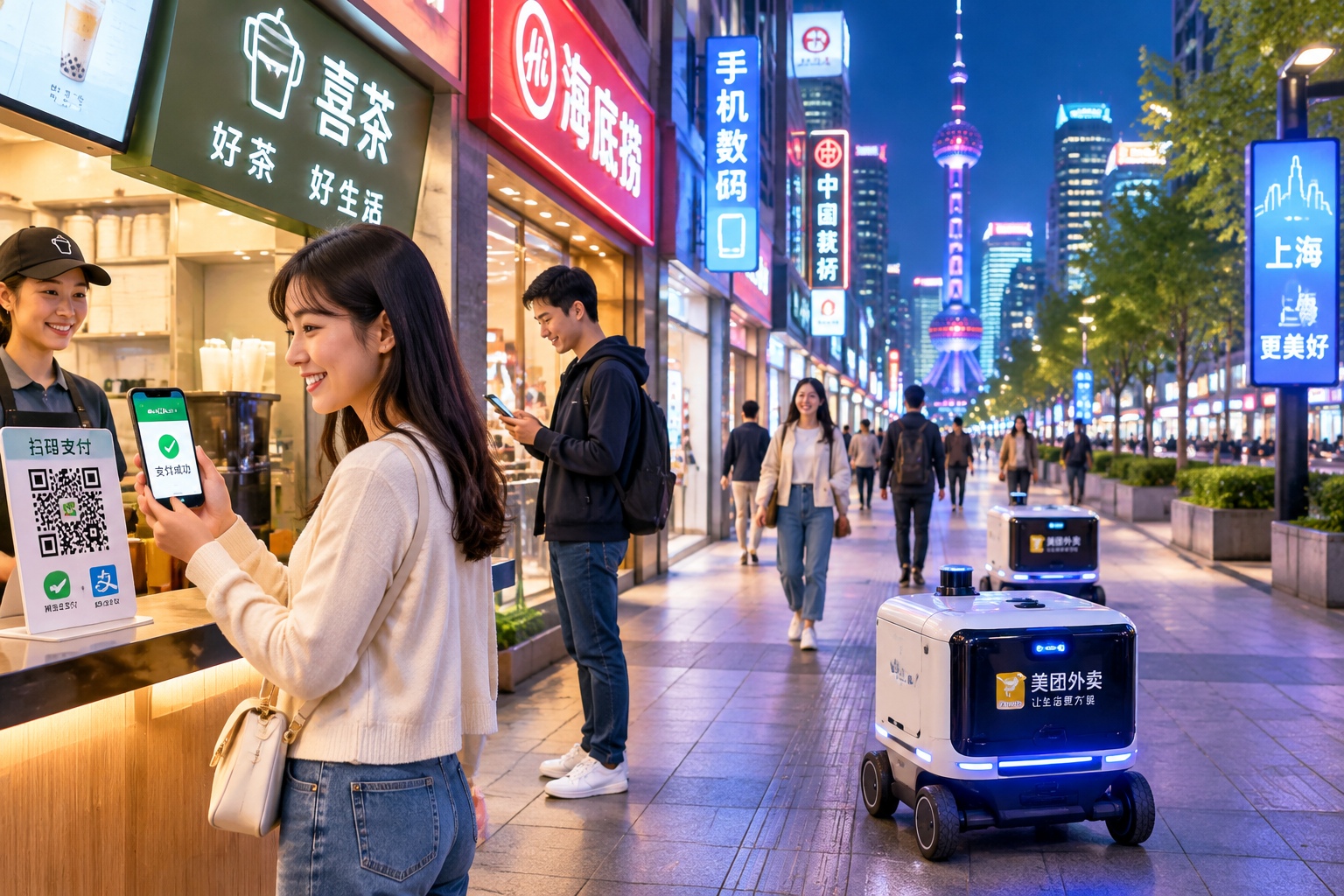 Nighttime city life in China showing seamless integration of technology, mobile payments, and autonomous delivery robots