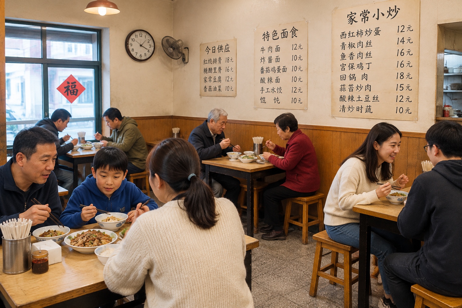Interior of a typical Chinese 'Fly Restaurant' with handwritten menus and locals dining at crowded plastic tables.