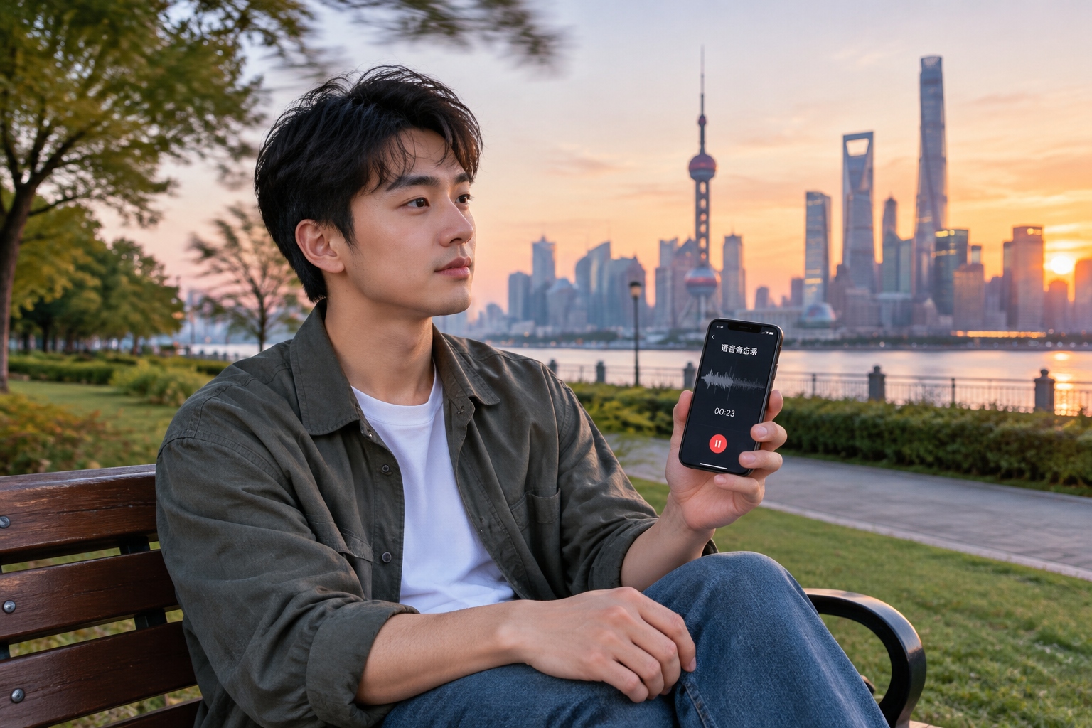 A young Chinese man sits on a park bench at dusk, holding a smartphone with a voice note app open, representing the anonymous social connection on Soul app.