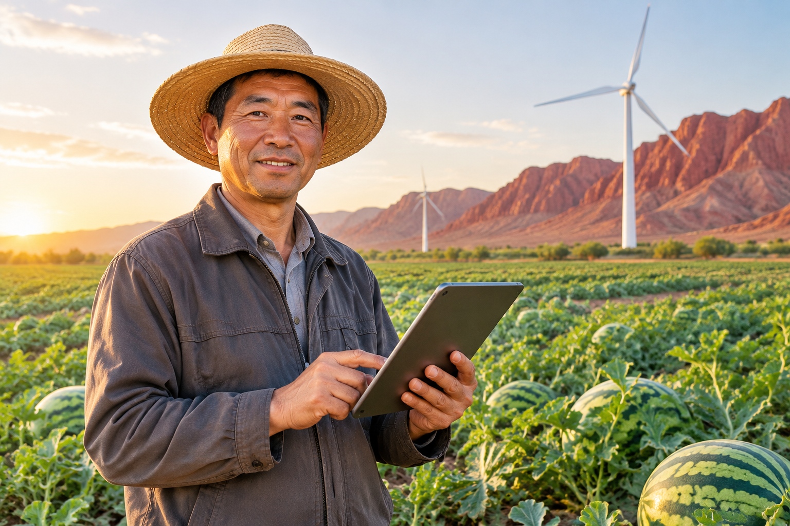 A Chinese farmer in Gansu using a tablet to monitor irrigation in a melon field surrounded by desert wind turbines