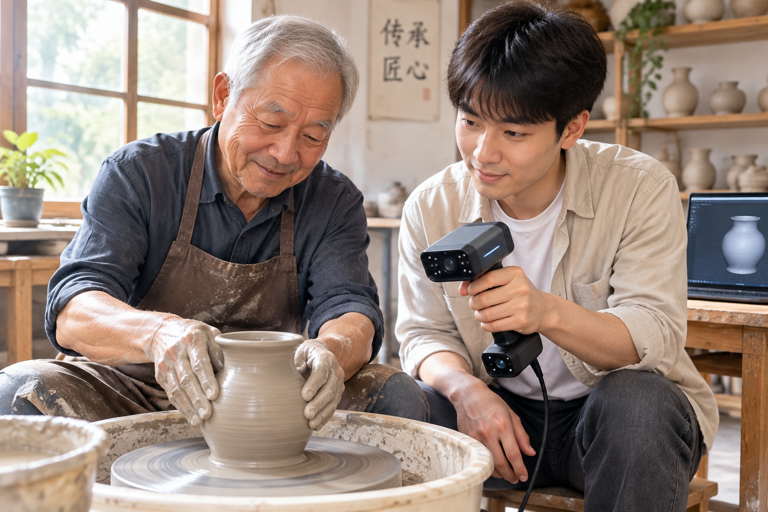 An older master potter and his young grandson collaborating on a ceramic piece using both traditional hand techniques and modern scanning technology.