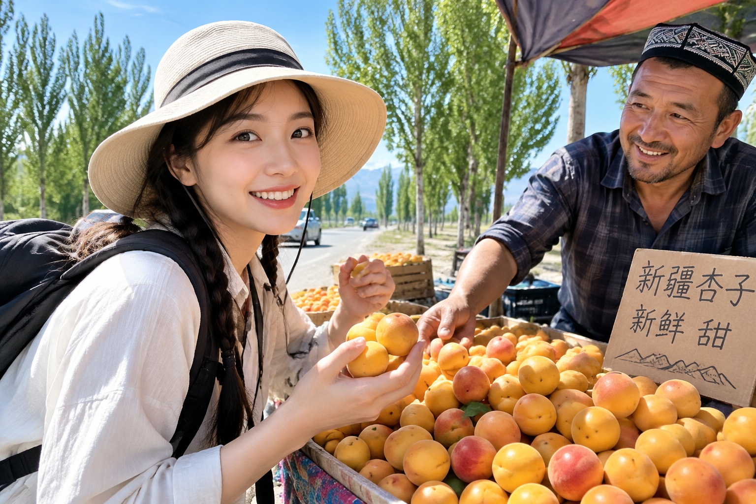 Driving Through Four Seasons: The Scenic Duku Highway Experience 22 Tourist buying fresh apricots at a roadside stall along the Duku Highway with lush green valley in the background