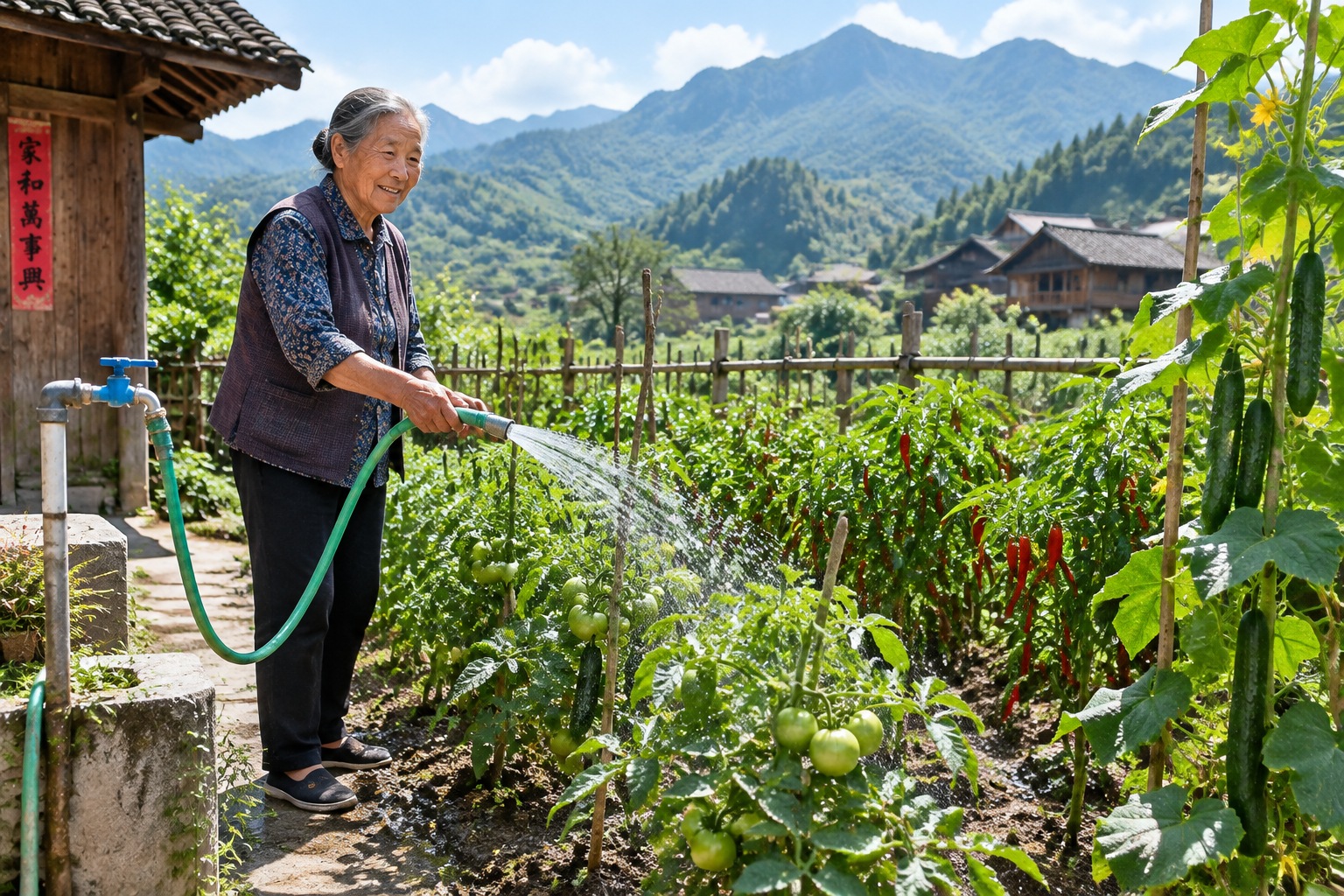 Chinese grandmother watering a vegetable garden with tap water in a rural village in Guizhou, showing improved access to clean water for agriculture.