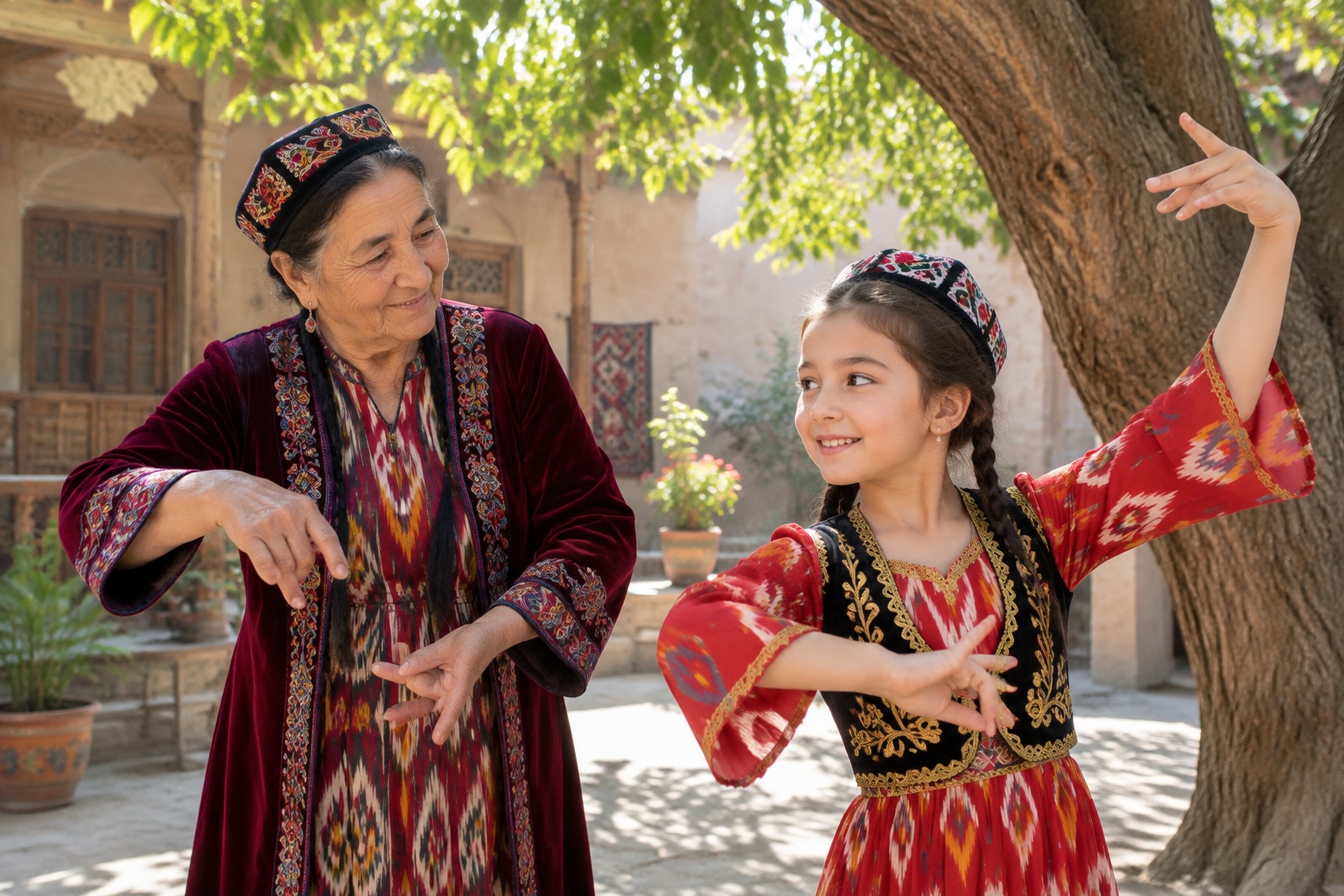 Traditional Uyghur grandmother teaching a young granddaughter to dance in a historic courtyard in Kashgar with cypress trees and warm sunlight