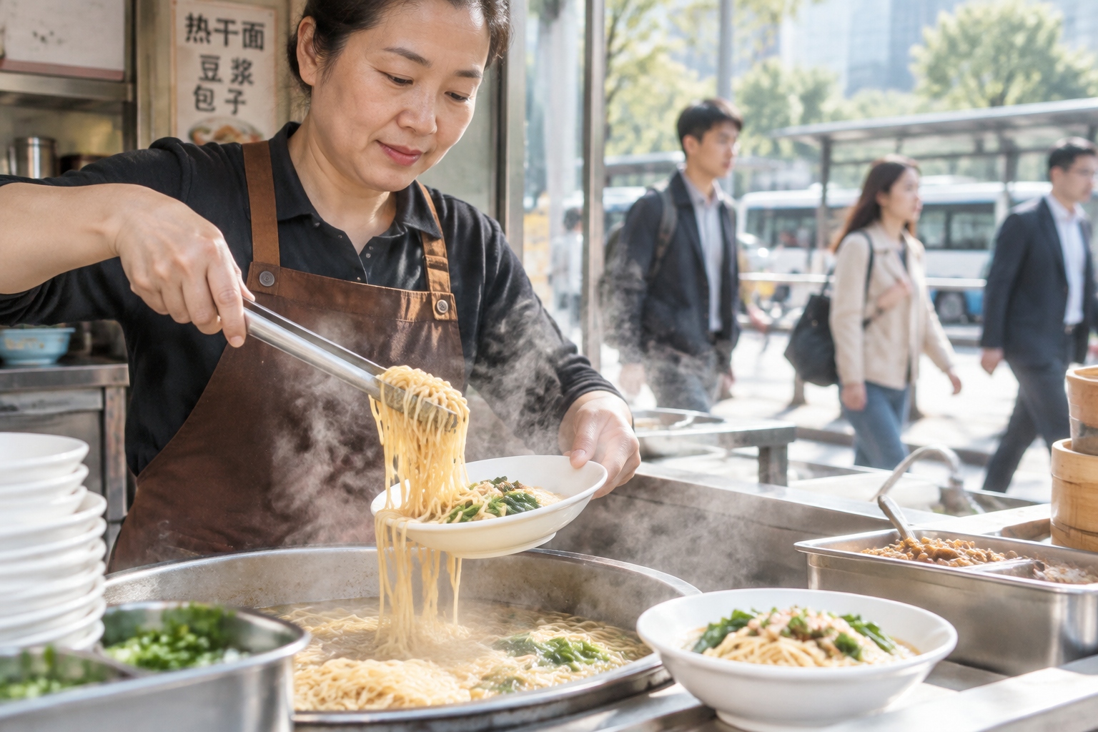 Close-up of hands serving steaming Chinese breakfast noodles at a street stall with commuters in the background