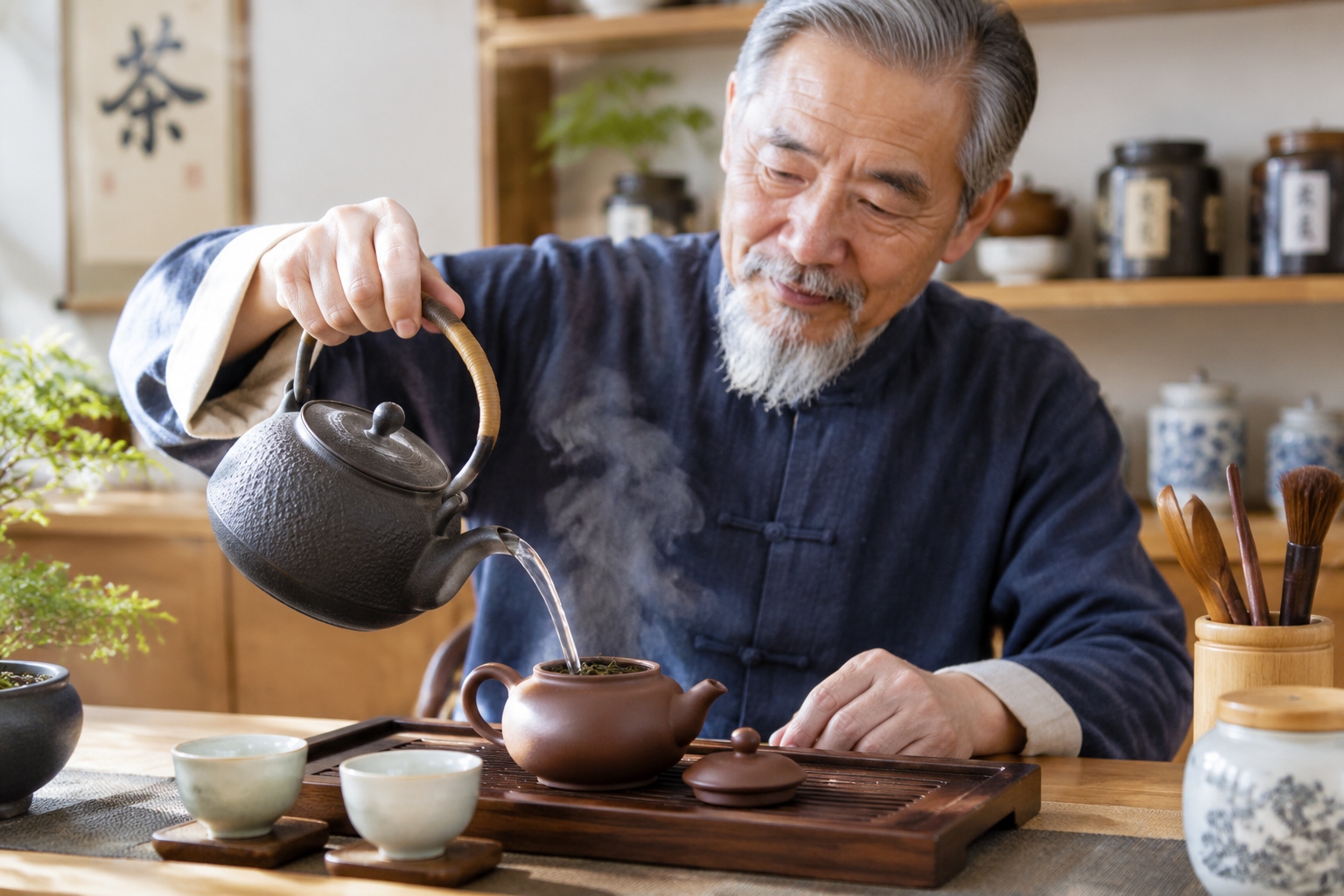 A close-up view of a Chinese tea master's hands pouring hot water into a traditional clay teapot during a ritual in a Shanghai tea house.