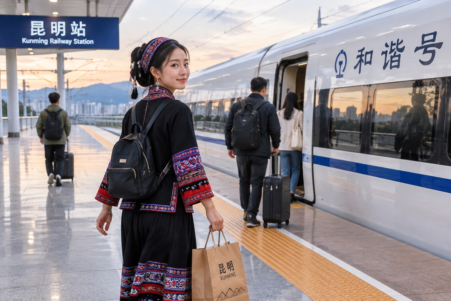 Young Yi woman with backpack walking to a high-speed train at Kunming station on the eve of Torch Festival