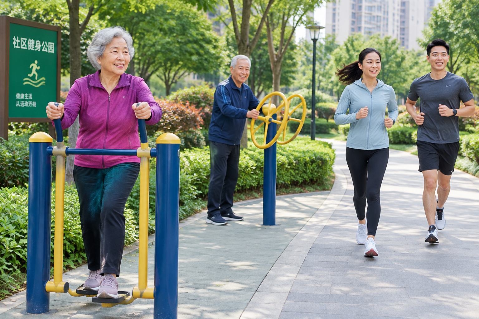 Elderly residents exercising at an outdoor gym in a Chinese pocket park, with greenery and urban buildings in the background