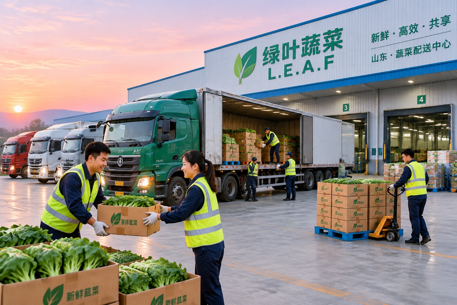 Workers loading fresh vegetables onto refrigerated trucks at a distribution center in Shandong, China