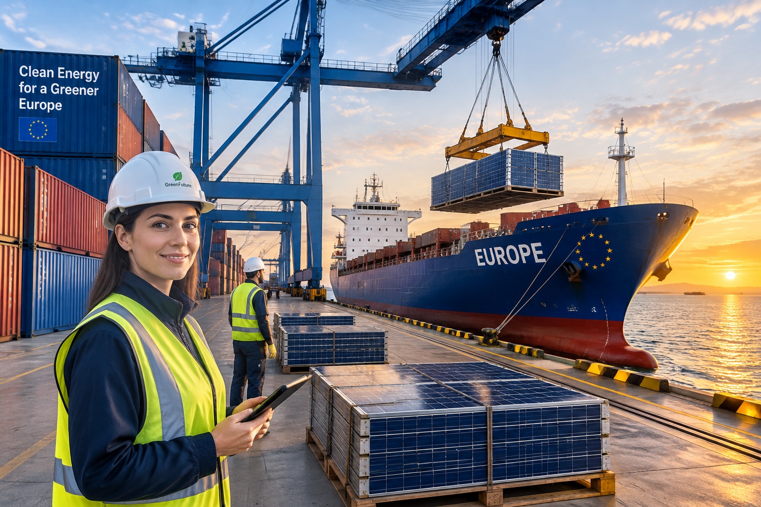 Ships being loaded with Chinese-manufactured solar panels and batteries at a major international port for global export