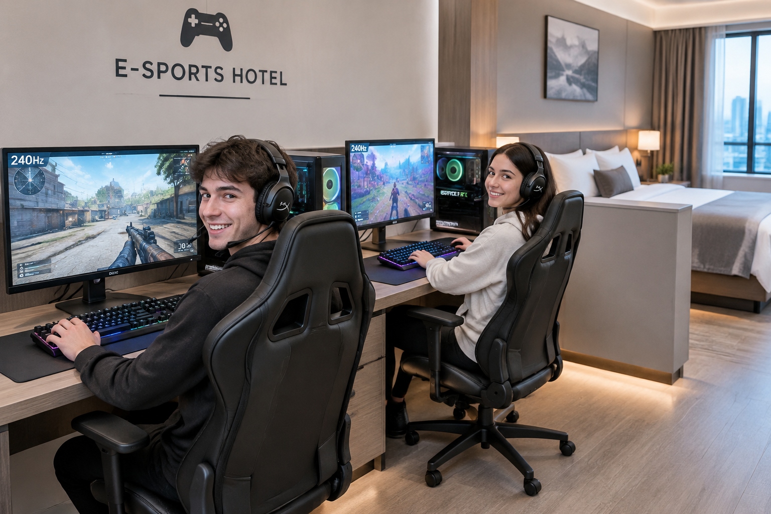 Sleep, Eat, Game: Inside China's Rising E-Sports Hotel Trend 22 Interior of a modern e-sports hotel room featuring dual gaming setups with high-end PCs and separate sleeping area
