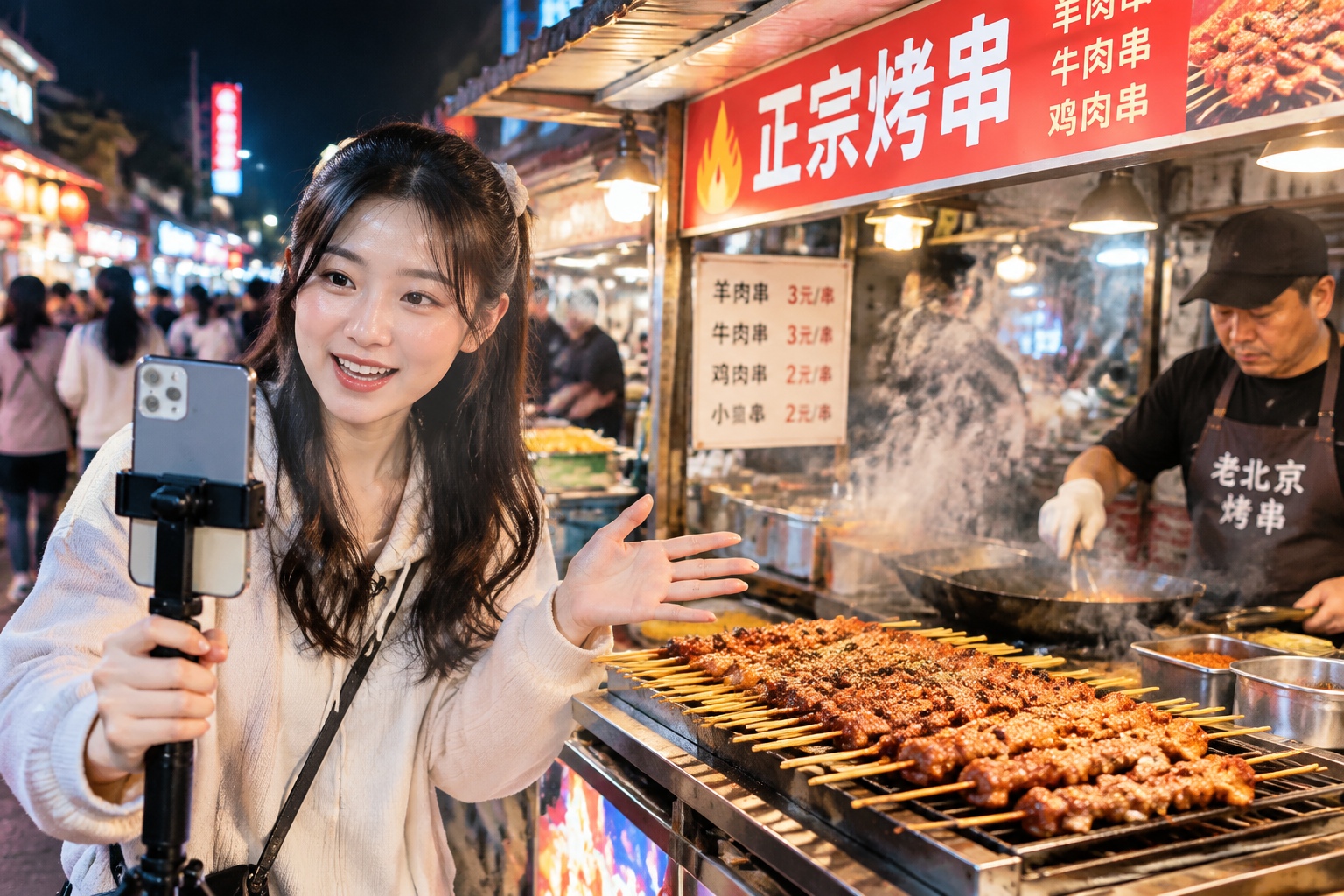 Street vendor livestreaming the cooking process to sell food on social media at a night market