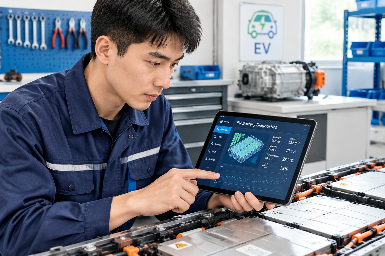 Young Chinese technician using a tablet to diagnose an electric vehicle battery pack in a modern maintenance depot