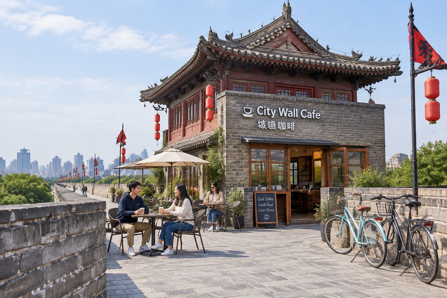 Locals relaxing at a cafe inside an ancient watchtower on Xi'an City Wall