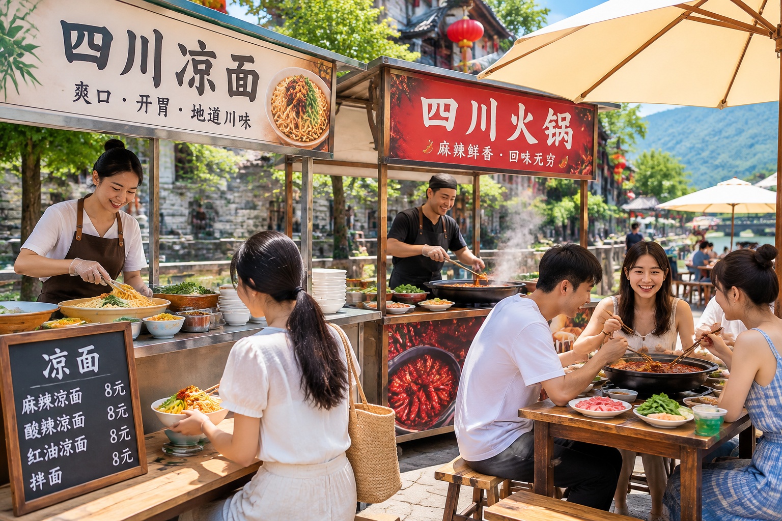 Street vendors selling cooling noodles and spicy hot pot to locals during a hot summer day in Sichuan