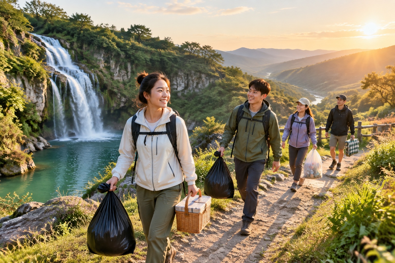 People packing up a waterfall picnic in Guiyang at sunset