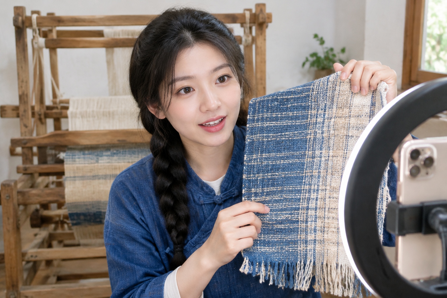 Li Xiulan live-streams from her home studio, showing a handwoven textile to the camera while an old loom stands behind her.