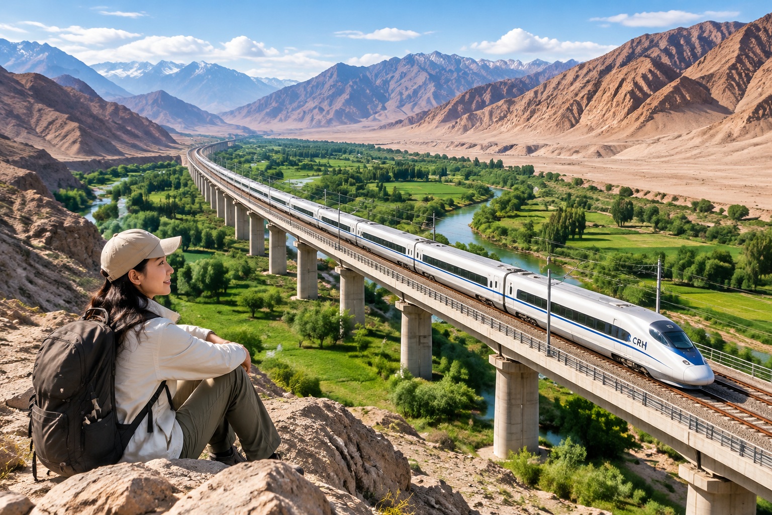 High-speed train traveling through a green oasis in Gansu, connecting remote areas with modern transportation networks