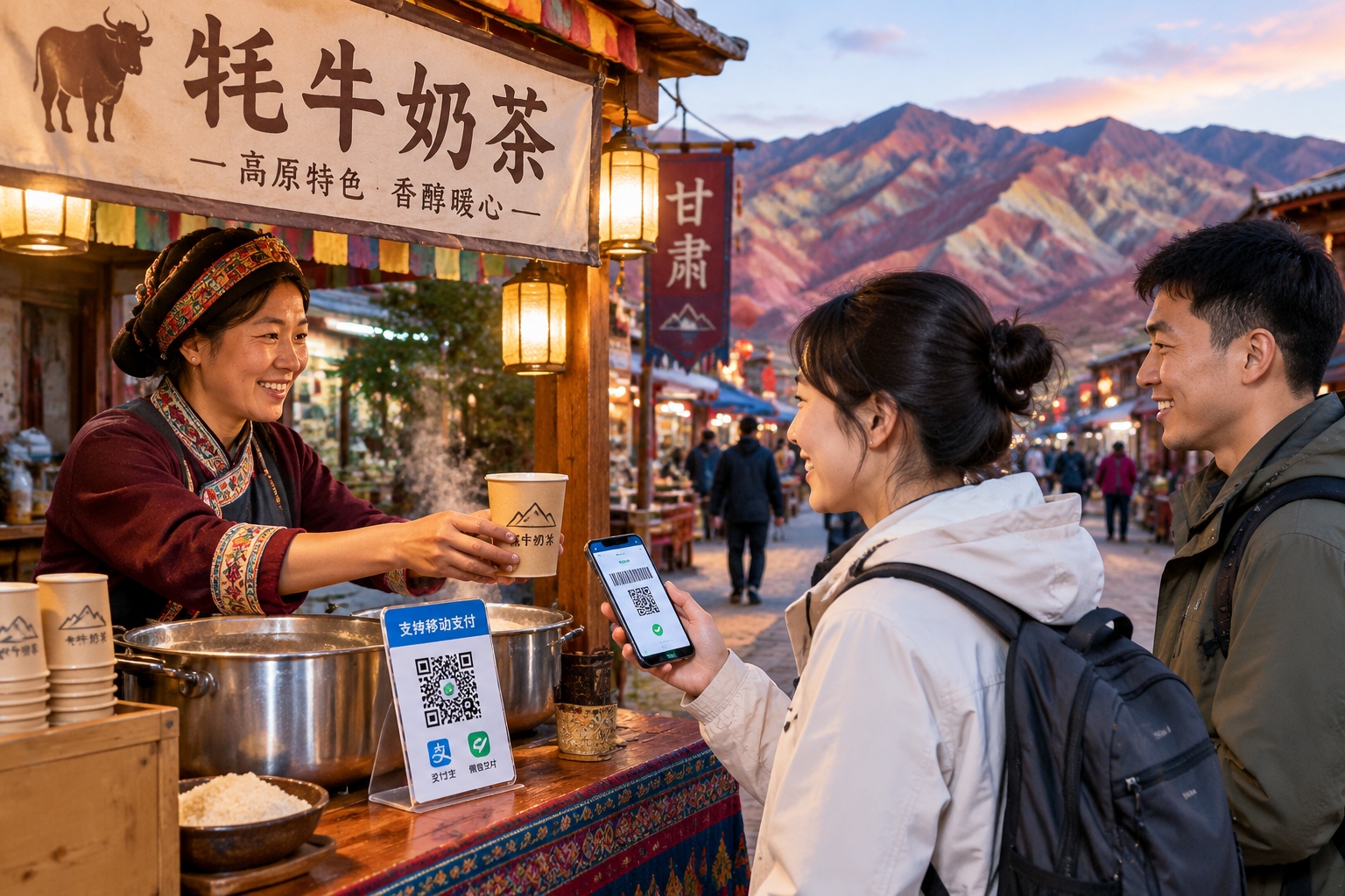 Vibrant night market in Zhangye, Gansu, where locals use mobile payments to buy traditional drinks against the backdrop of colorful mountains