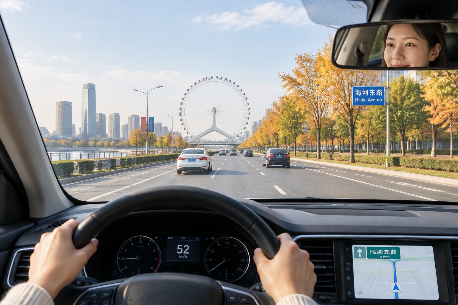 Car driver view of Tianjin Eye Ferris Wheel and modern highway traffic during the drive from downtown Tianjin to Binhai New Area