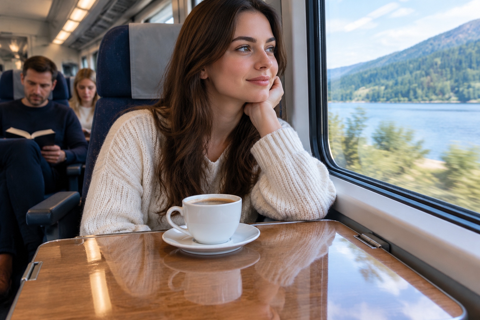 A full cup of coffee resting steadily on the table inside a smooth-riding high-speed train carriage