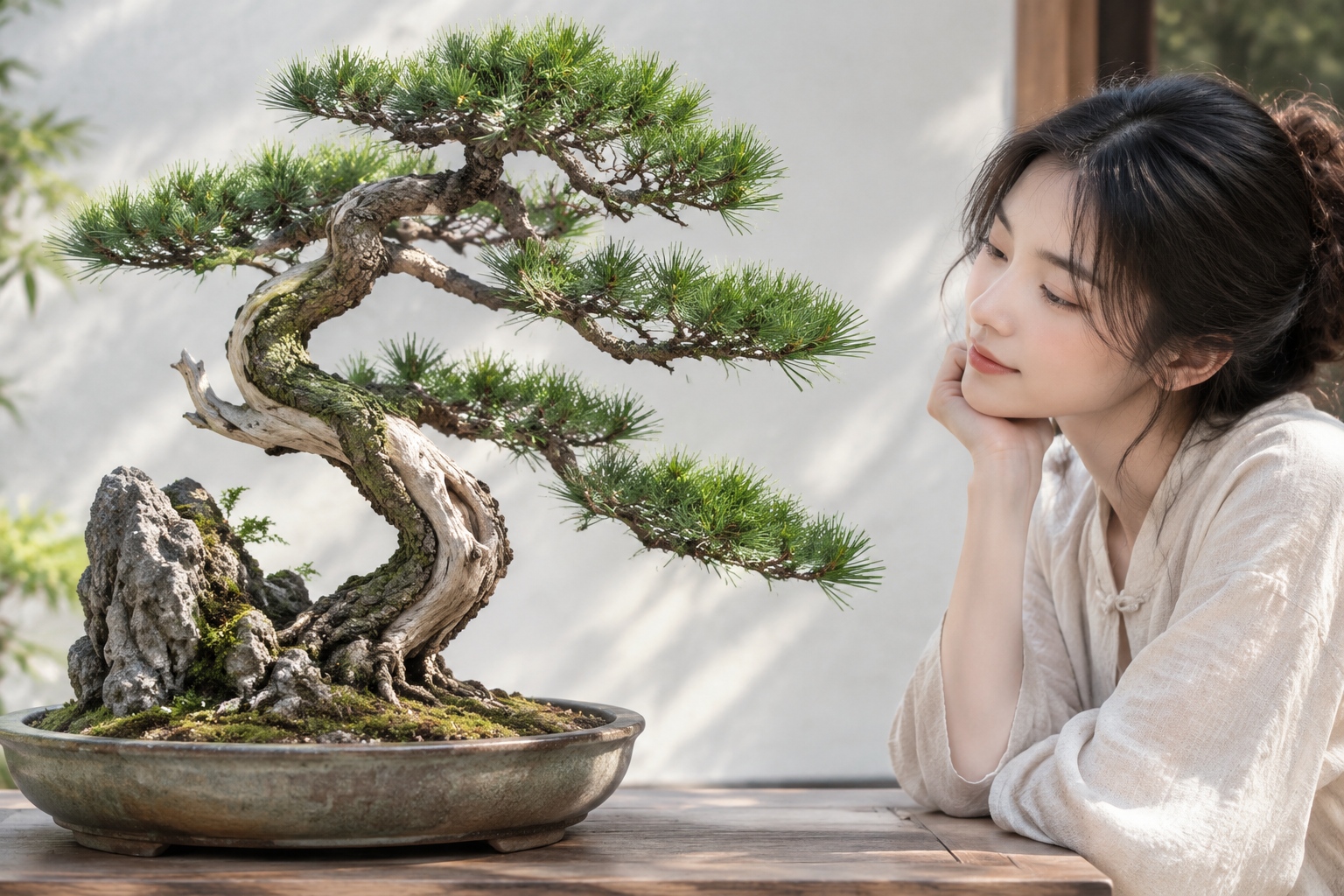 An artistic close-up of a traditional Chinese bonsai tree (penjing) shaped like a miniature mountain landscape.