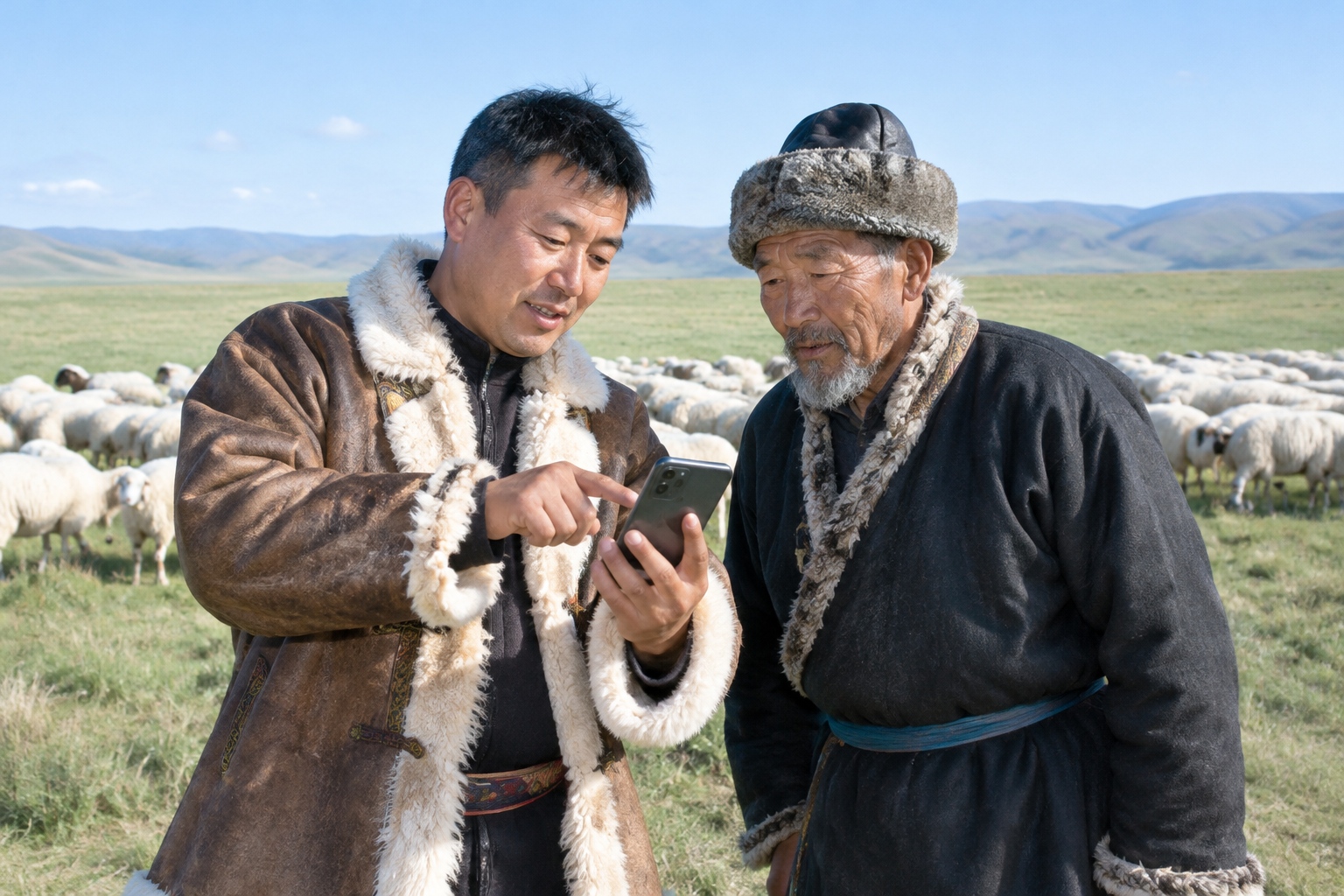 Ningxia tan sheep herder using a smartphone to track his flock.
