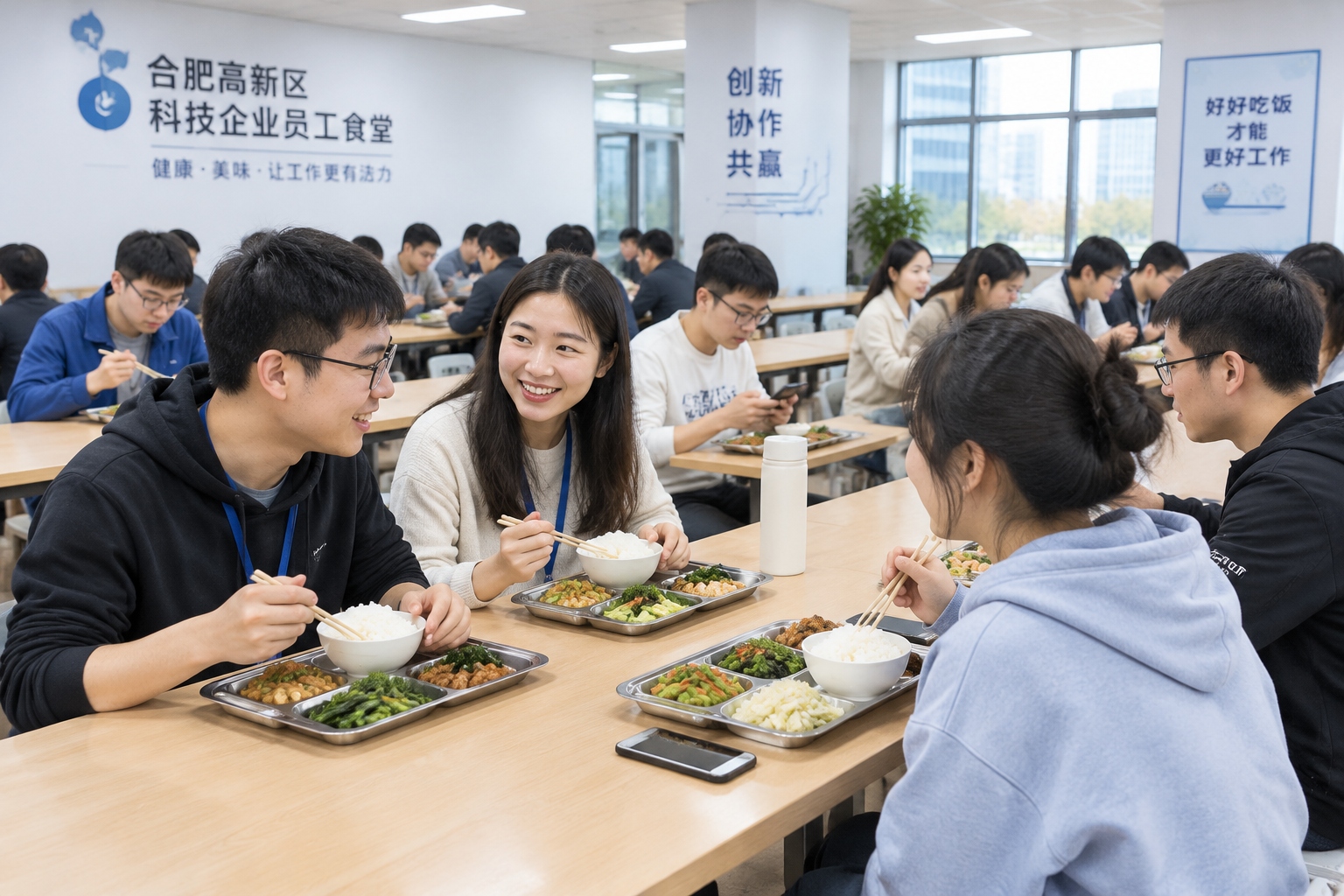 Tech workers having lunch at a bright staff canteen in Hefei High-Tech Zone, sharing tables and dishes