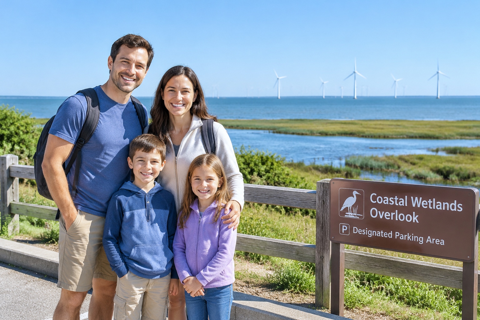 Family taking photos at a roadside stop in Binhai New Area with wind turbines and ocean view