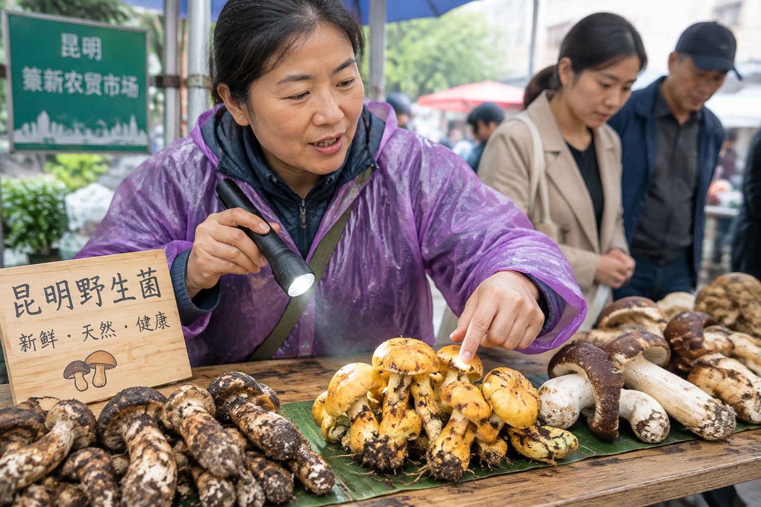 A close-up view of a local vendor in Kunming pointing out fresh wild mushrooms to a customer at a morning market