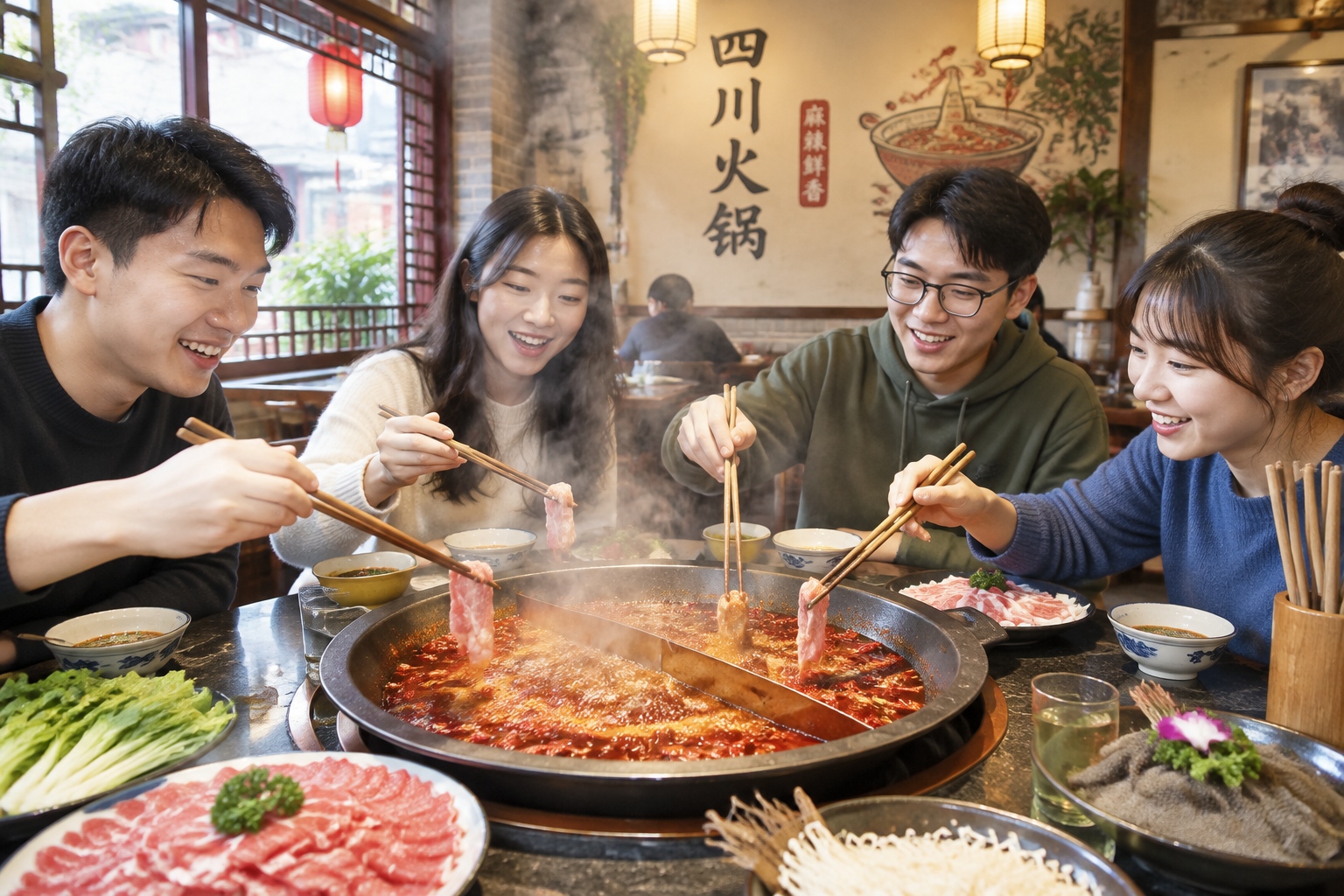 Group of friends enjoying a spicy Sichuan hot pot meal in a crowded local eatery