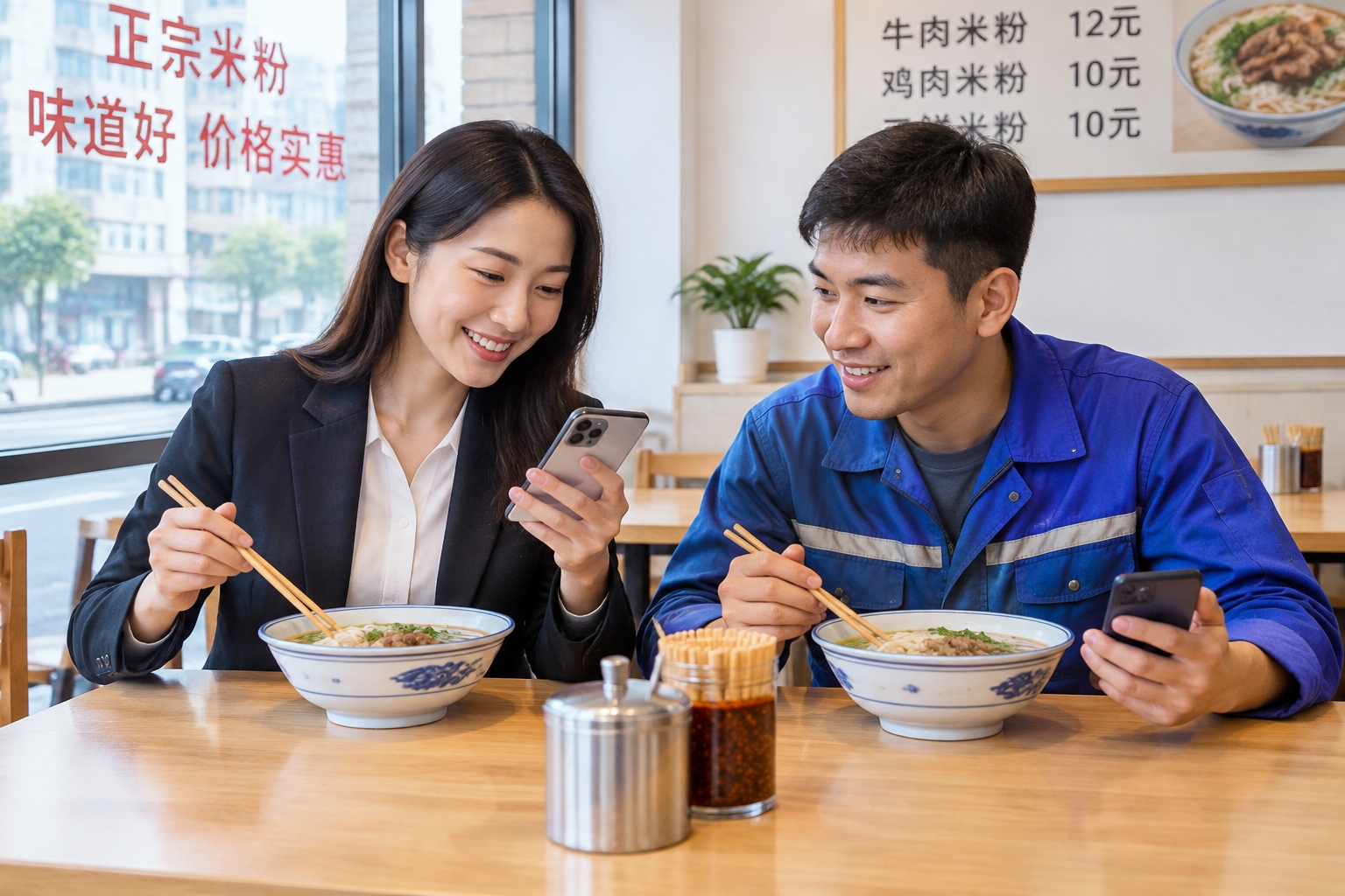 Two people from different walks of life sharing a meal of Guilin rice noodles