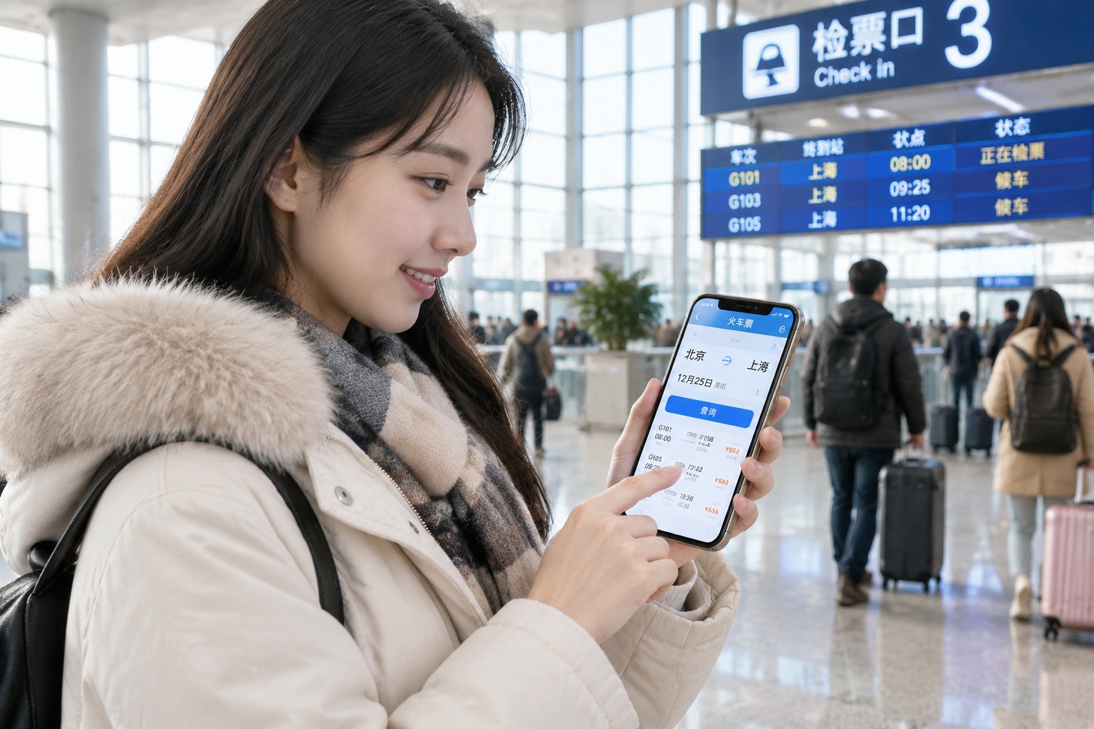 Young woman using smartphone to book train ticket during Spring Festival travel rush in China