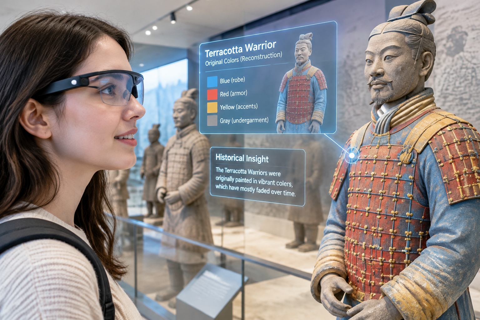 Tourist using augmented reality glasses to view colorful ancient details of Terracotta Warriors in Xi'an museum