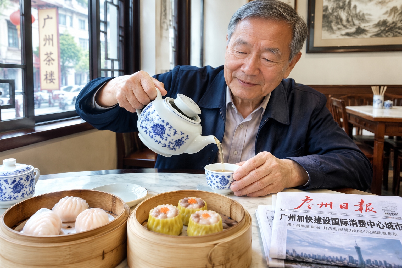 Elderly man pouring tea at a round table with dim sum baskets in a Guangzhou teahouse