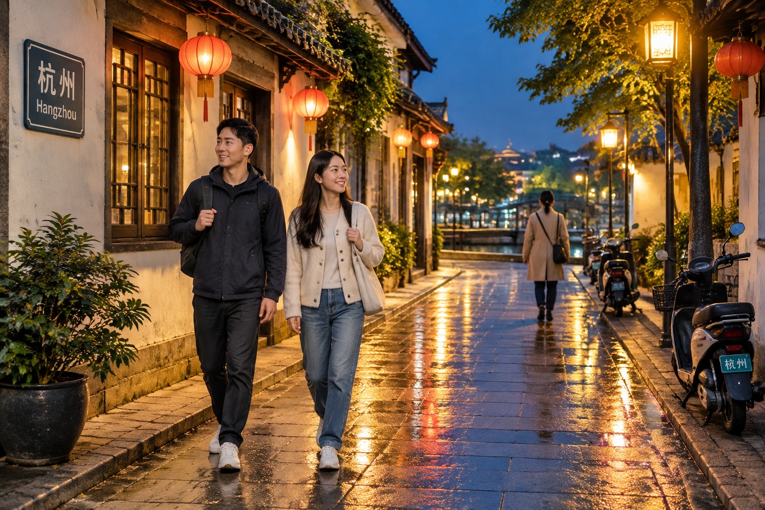 A quiet evening street scene in Hangzhou with locals walking and scooters parked under warm streetlights after tourists have left