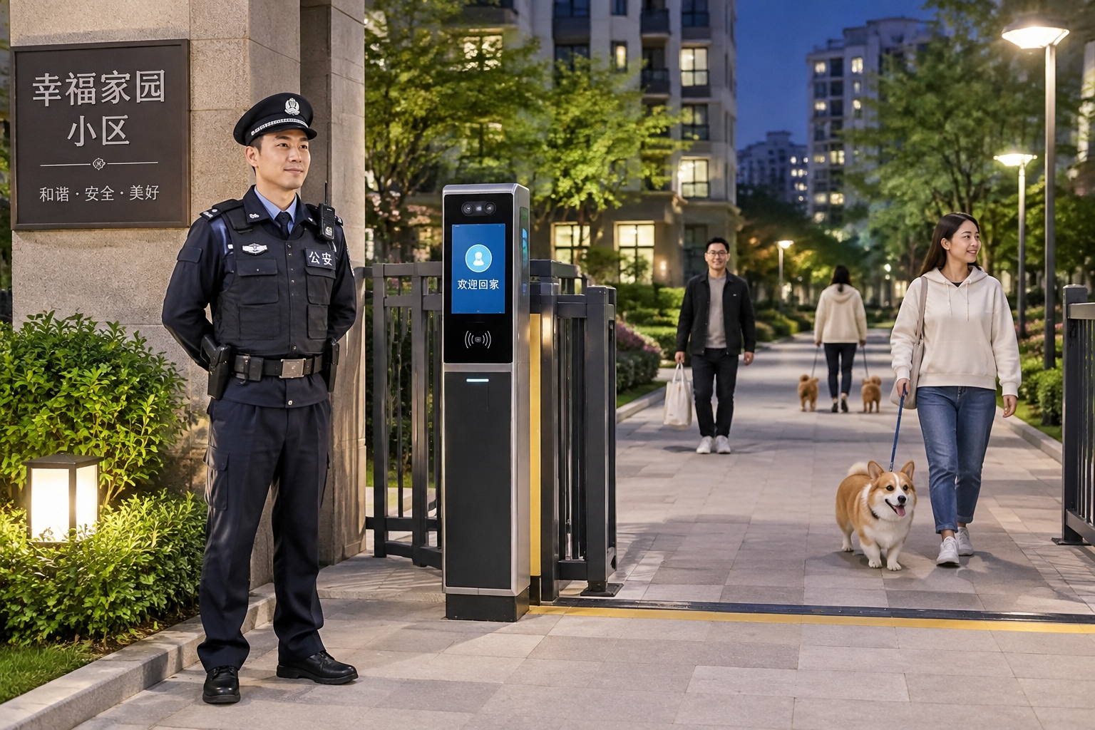 A police officer patrolling a residential neighborhood in China at night, showing visible security presence that contributes to public safety.
