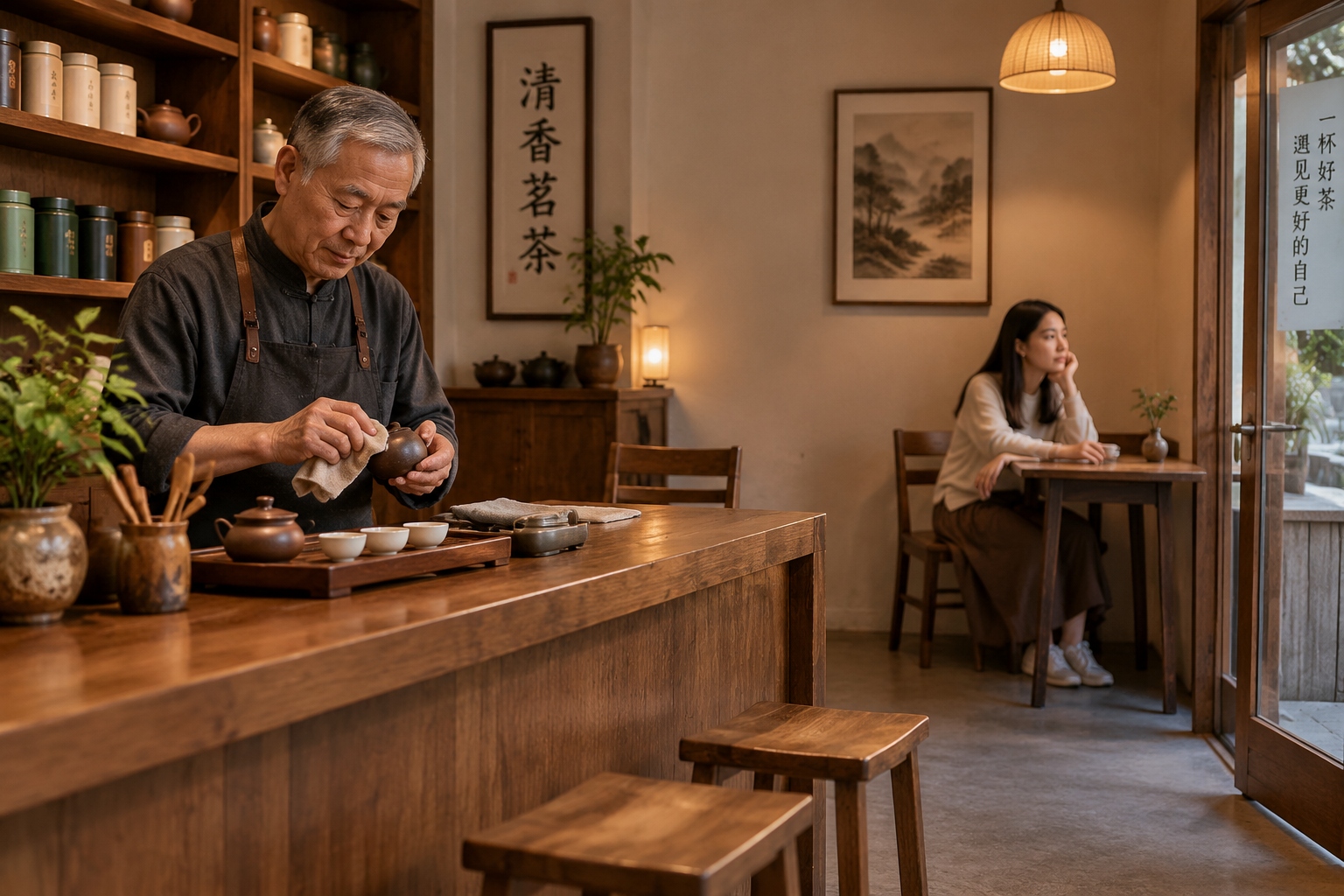 An emotional moment in a tea house where a customer finds solace while being served by a traditional tea master.