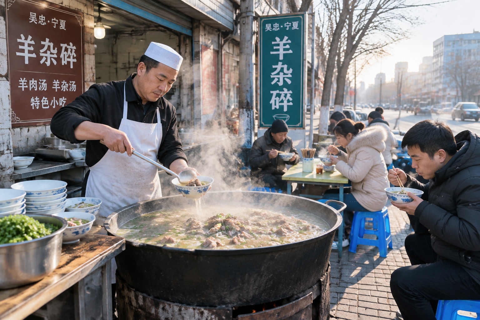 Cook serving sheep organ soup at a morning stall in Wuzhong, Ningxia