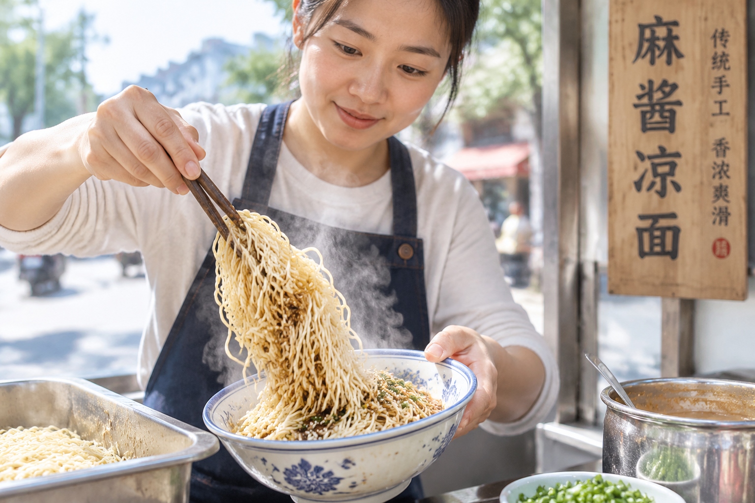 A close-up view of a Wuhan street vendor preparing hot dry noodles, tossing the pasta in a large ceramic bowl with sesame paste as steam rises from the dish.