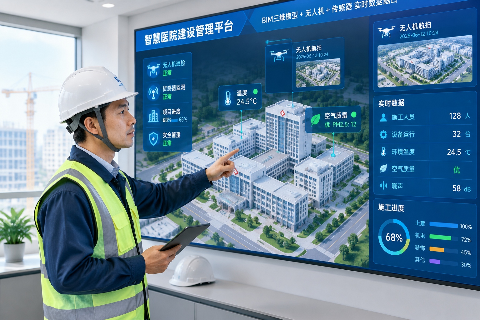 Engineer monitoring digital construction progress using BIM technology and 5G network data on a tablet