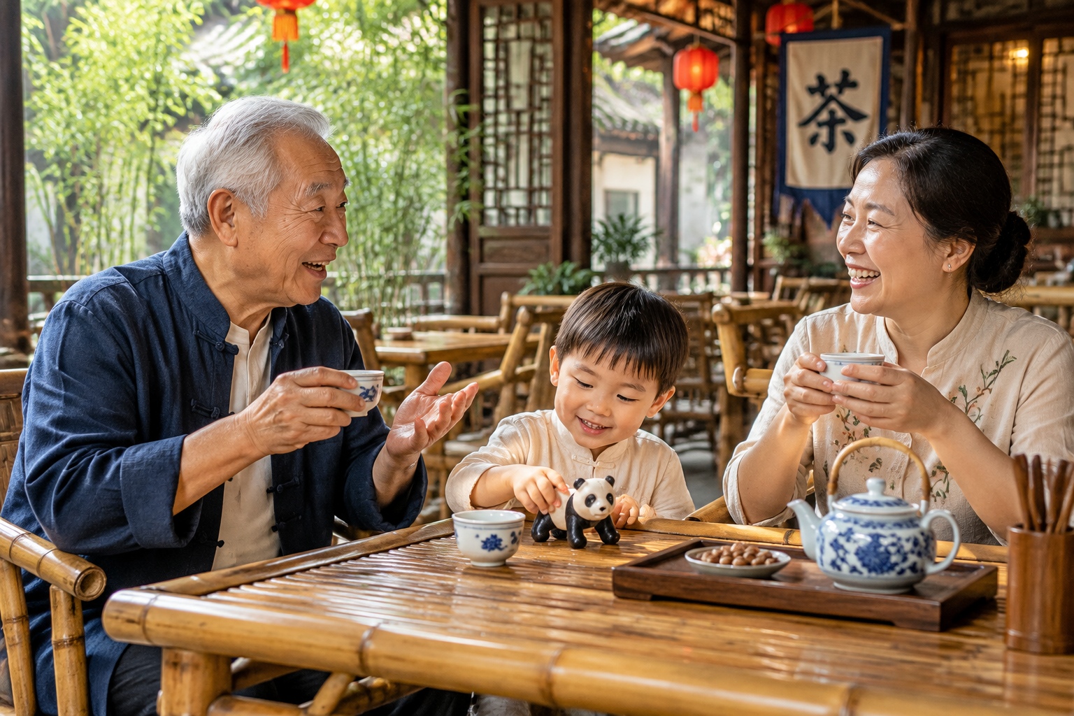 Sichuan Teahouses: Bamboo Chairs, Gaiwan, and Gossip 25 Three generations of a family sitting at a bamboo table in a Sichuan teahouse, drinking tea and chatting, candid shot