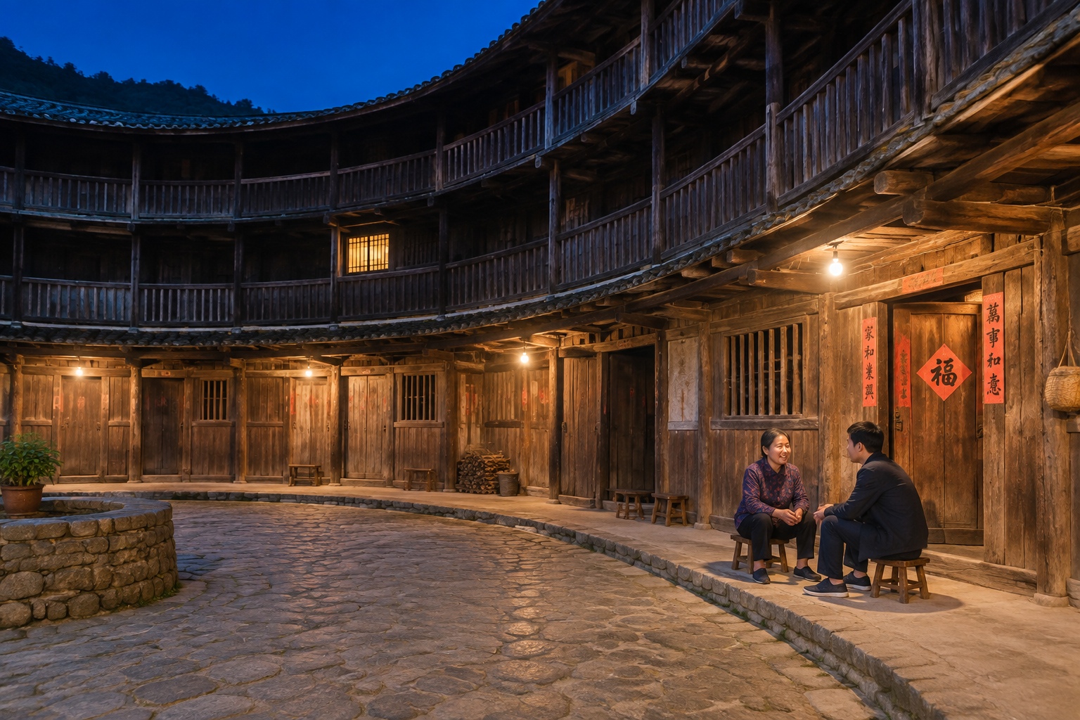 Night view of a Fujian tulou courtyard with dim lighting and residents sitting on stools