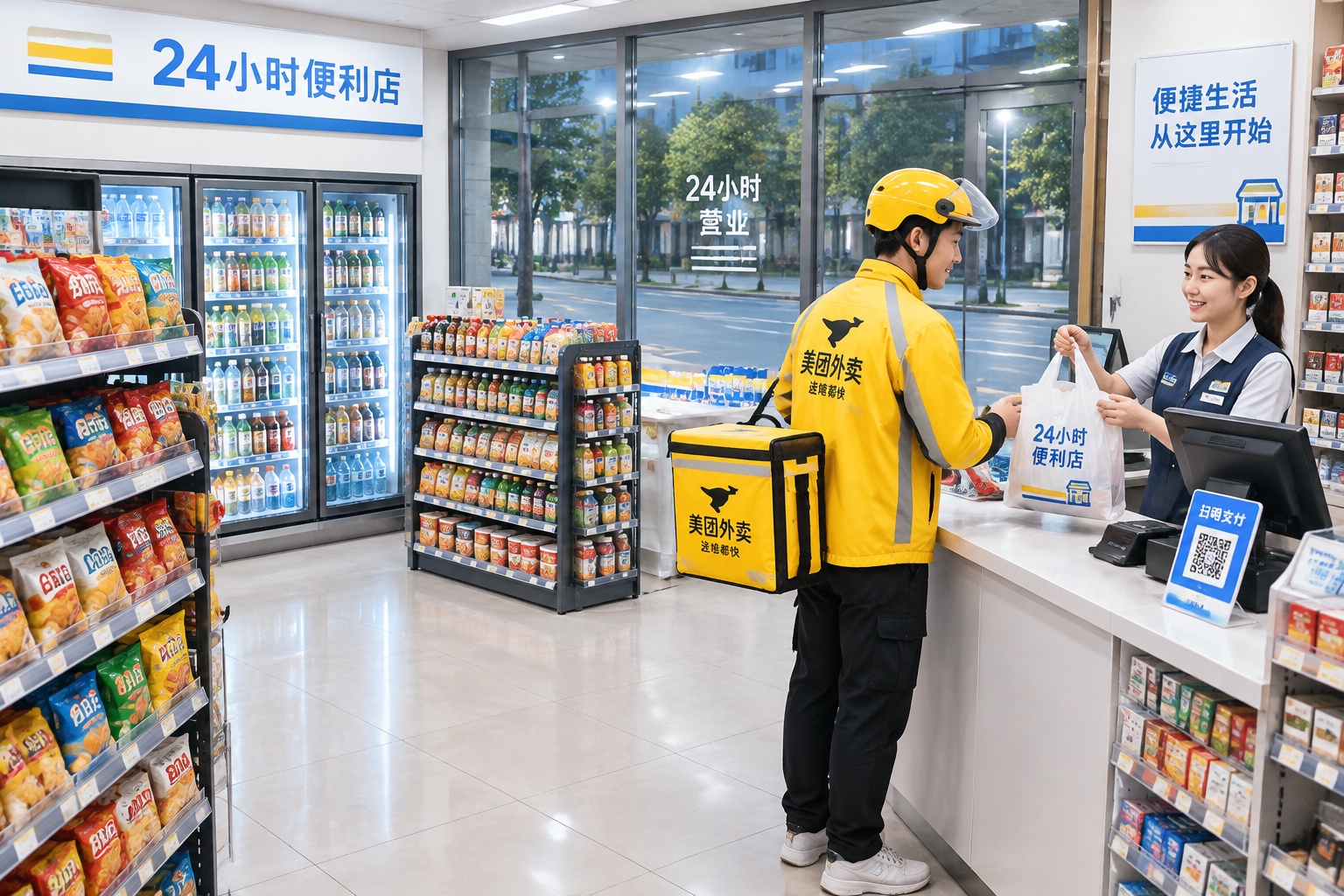 Inside a 24-hour convenience store in China at night, highlighting the infrastructure of the night economy and constant urban activity.