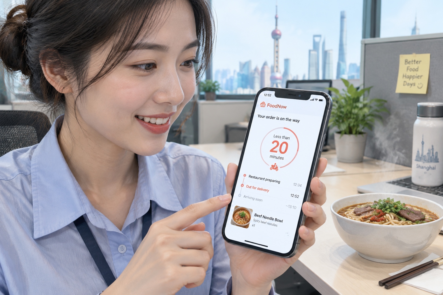 Faster Than Coffee: Inside China's 'Lightning' Daily Routine with Food Delivery 22 Smartphone screen showing fast food delivery countdown timer in a Shanghai office