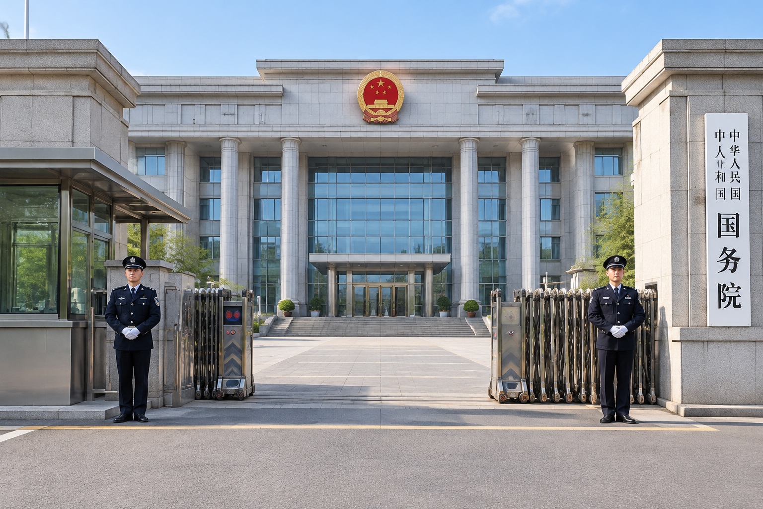Exterior view of a Chinese government building with security presence, illustrating restricted areas for photography