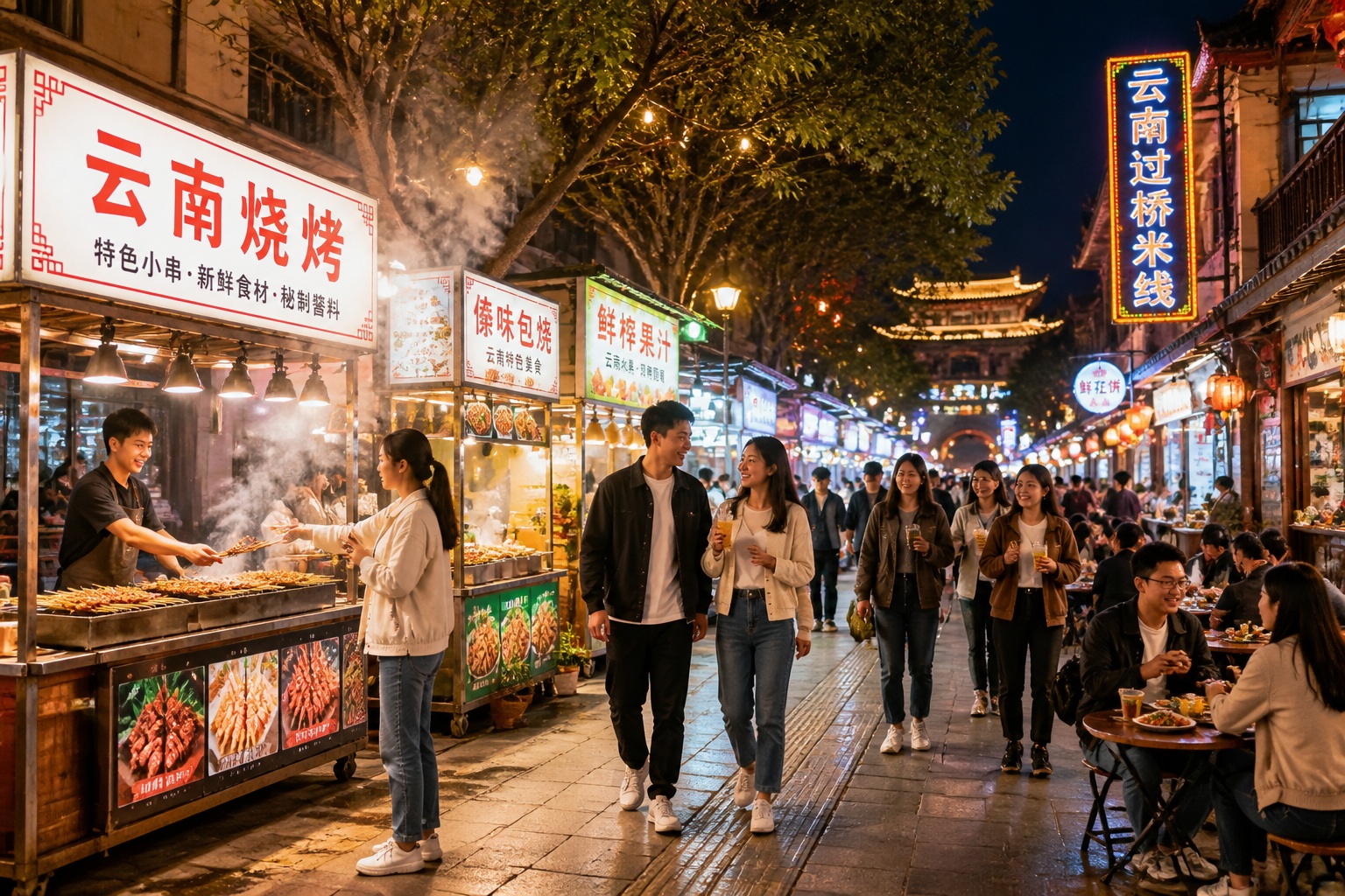 Bustling night market street in Yunnan with glowing food stalls and locals dining