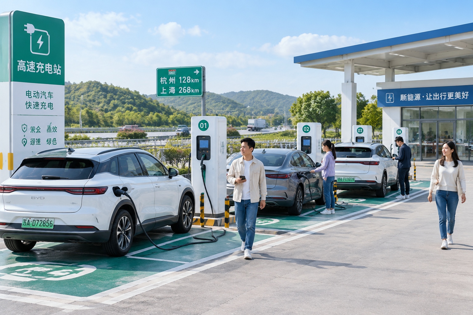 A row of modern electric vehicle charging stations at a Chinese highway rest area with several cars plugged in during daytime